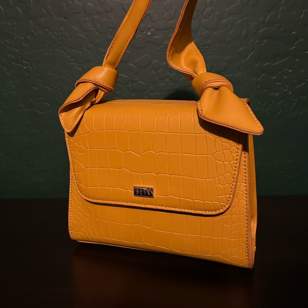 Croc-Embossed Knot-Handle Shoulder Bag in Mustard Yellow (Faux Leather)